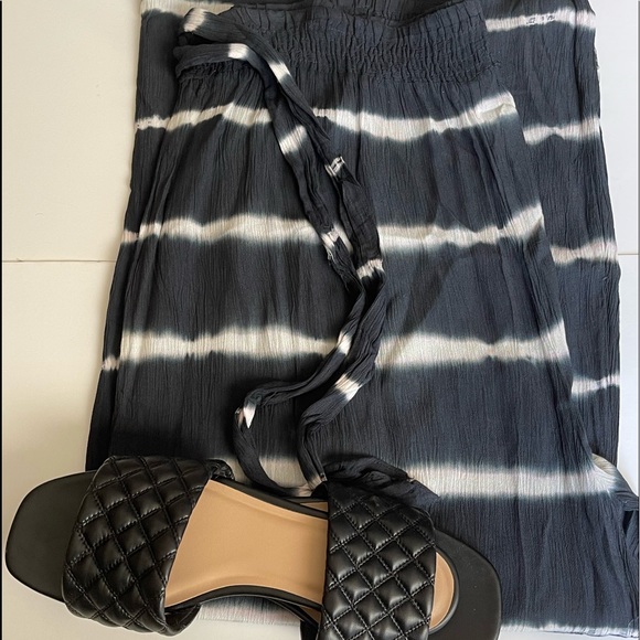 Pants - Tie Dye Palazzo Pants Tie Waist Dark Blue & White